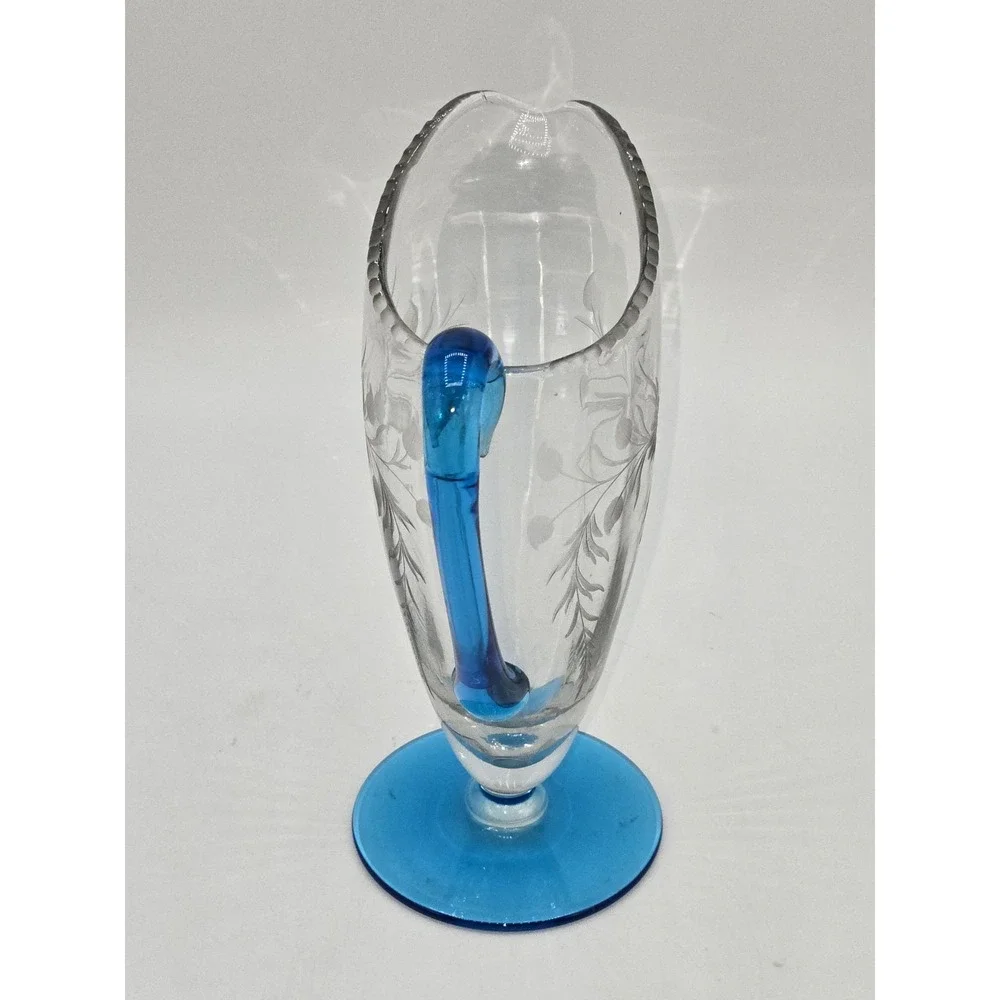 Steuben Celeste Blue Art Glass Creamer Acid Etched‎ Floral Applied Handle 7